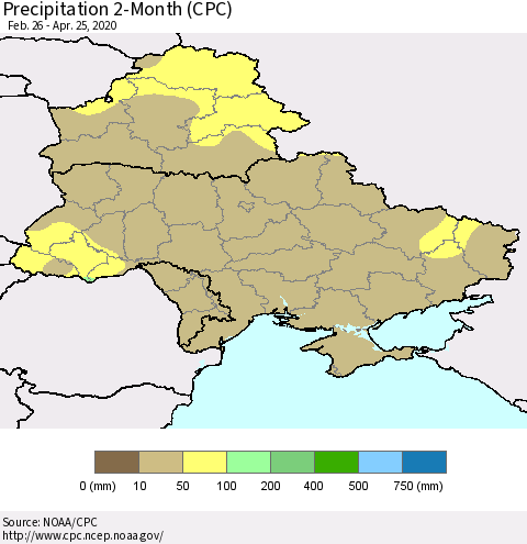 Ukraine, Moldova and Belarus Precipitation 2-Month (CPC) Thematic Map For 2/26/2020 - 4/25/2020