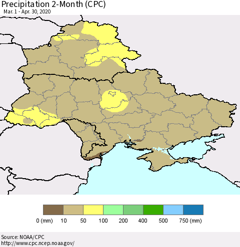 Ukraine, Moldova and Belarus Precipitation 2-Month (CPC) Thematic Map For 3/1/2020 - 4/30/2020