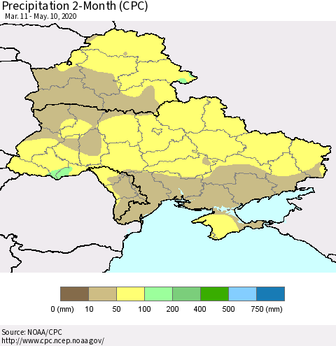 Ukraine, Moldova and Belarus Precipitation 2-Month (CPC) Thematic Map For 3/11/2020 - 5/10/2020