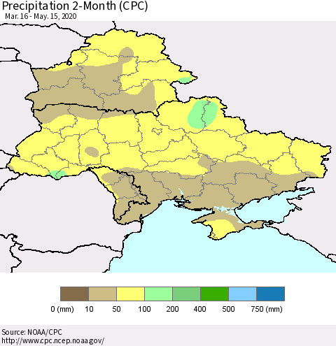 Ukraine, Moldova and Belarus Precipitation 2-Month (CPC) Thematic Map For 3/16/2020 - 5/15/2020
