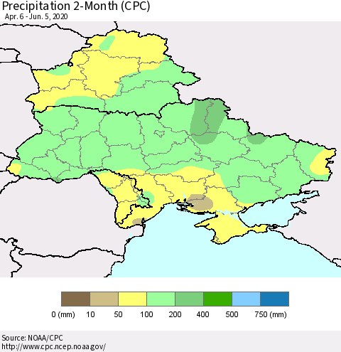 Ukraine, Moldova and Belarus Precipitation 2-Month (CPC) Thematic Map For 4/6/2020 - 6/5/2020
