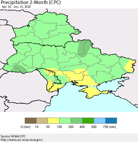 Ukraine, Moldova and Belarus Precipitation 2-Month (CPC) Thematic Map For 4/16/2020 - 6/15/2020