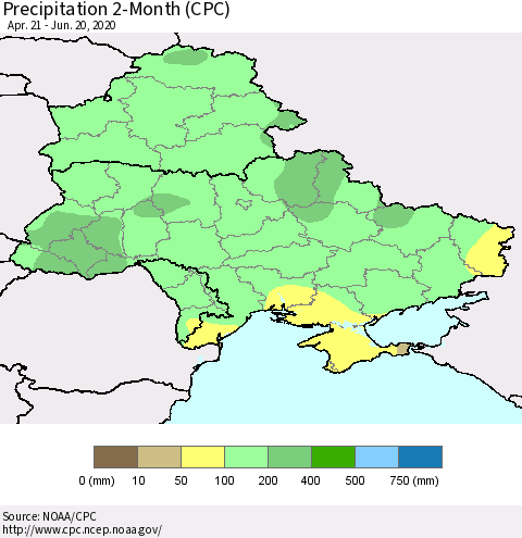 Ukraine, Moldova and Belarus Precipitation 2-Month (CPC) Thematic Map For 4/21/2020 - 6/20/2020