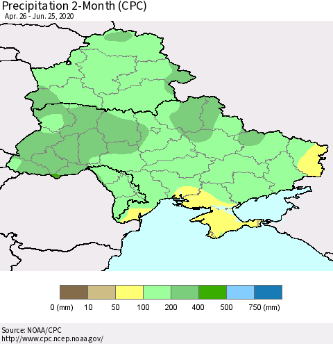 Ukraine, Moldova and Belarus Precipitation 2-Month (CPC) Thematic Map For 4/26/2020 - 6/25/2020