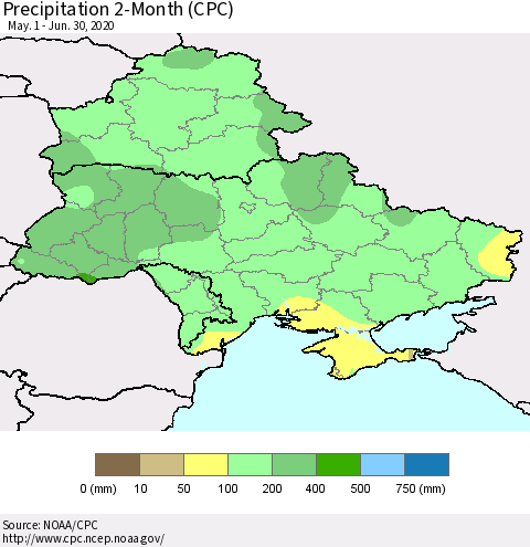 Ukraine, Moldova and Belarus Precipitation 2-Month (CPC) Thematic Map For 5/1/2020 - 6/30/2020