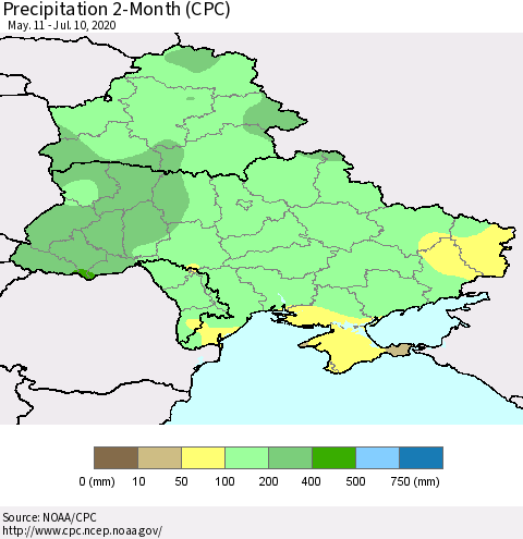 Ukraine, Moldova and Belarus Precipitation 2-Month (CPC) Thematic Map For 5/11/2020 - 7/10/2020