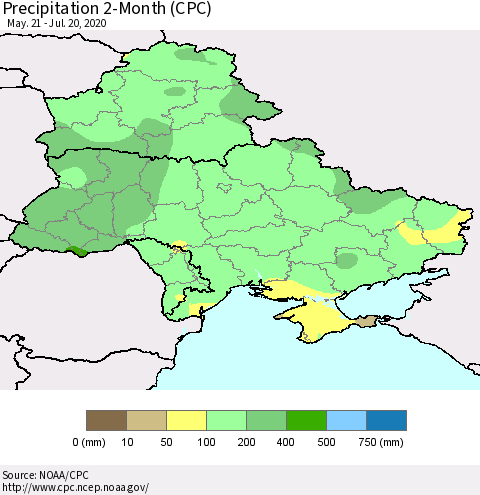 Ukraine, Moldova and Belarus Precipitation 2-Month (CPC) Thematic Map For 5/21/2020 - 7/20/2020