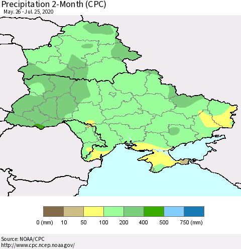Ukraine, Moldova and Belarus Precipitation 2-Month (CPC) Thematic Map For 5/26/2020 - 7/25/2020