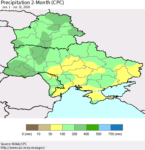 Ukraine, Moldova and Belarus Precipitation 2-Month (CPC) Thematic Map For 6/1/2020 - 7/31/2020