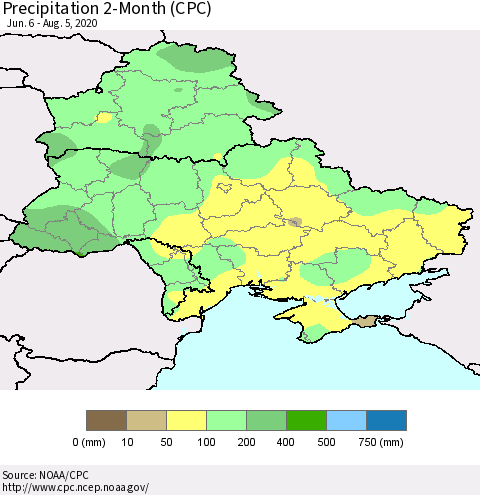 Ukraine, Moldova and Belarus Precipitation 2-Month (CPC) Thematic Map For 6/6/2020 - 8/5/2020