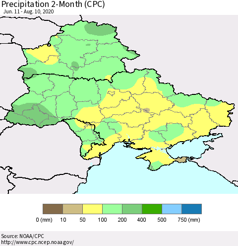 Ukraine, Moldova and Belarus Precipitation 2-Month (CPC) Thematic Map For 6/11/2020 - 8/10/2020