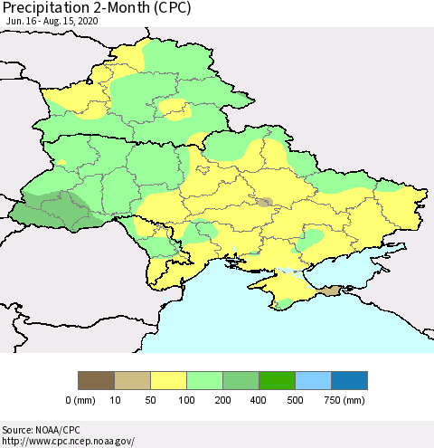 Ukraine, Moldova and Belarus Precipitation 2-Month (CPC) Thematic Map For 6/16/2020 - 8/15/2020