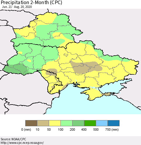 Ukraine, Moldova and Belarus Precipitation 2-Month (CPC) Thematic Map For 6/21/2020 - 8/20/2020