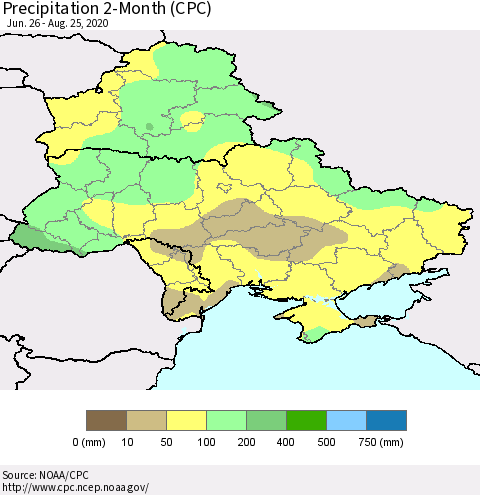 Ukraine, Moldova and Belarus Precipitation 2-Month (CPC) Thematic Map For 6/26/2020 - 8/25/2020