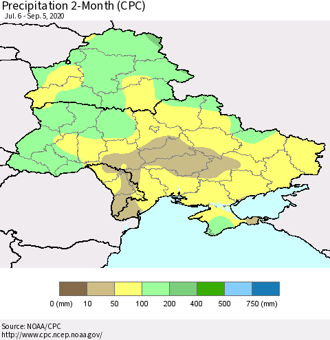 Ukraine, Moldova and Belarus Precipitation 2-Month (CPC) Thematic Map For 7/6/2020 - 9/5/2020