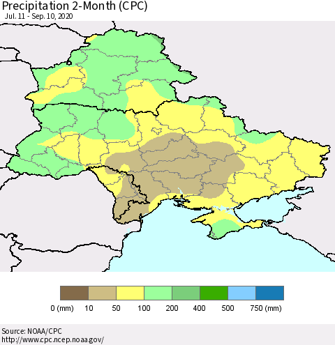 Ukraine, Moldova and Belarus Precipitation 2-Month (CPC) Thematic Map For 7/11/2020 - 9/10/2020