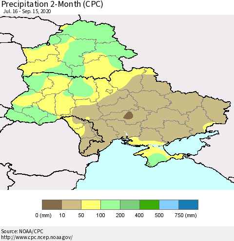 Ukraine, Moldova and Belarus Precipitation 2-Month (CPC) Thematic Map For 7/16/2020 - 9/15/2020