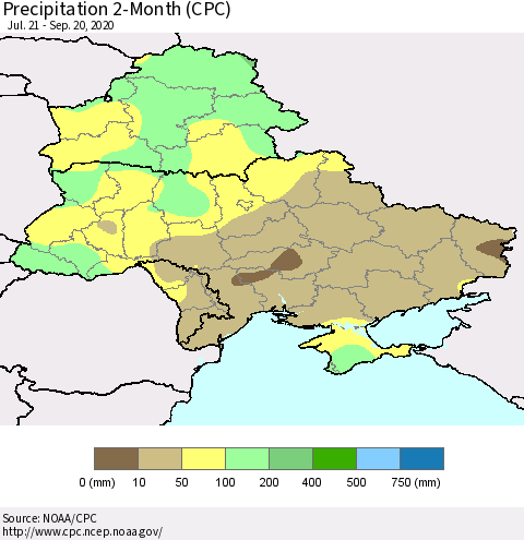 Ukraine, Moldova and Belarus Precipitation 2-Month (CPC) Thematic Map For 7/21/2020 - 9/20/2020