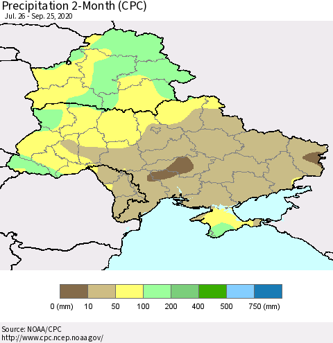 Ukraine, Moldova and Belarus Precipitation 2-Month (CPC) Thematic Map For 7/26/2020 - 9/25/2020