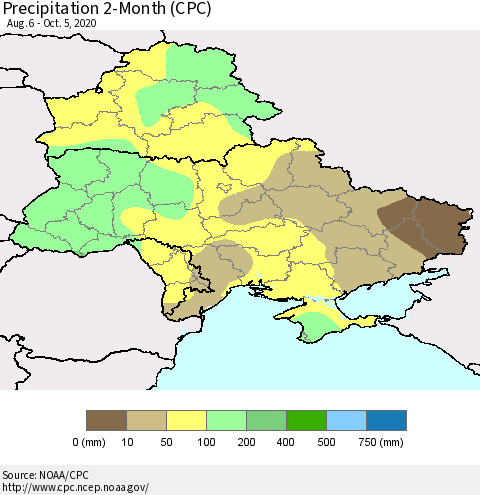 Ukraine, Moldova and Belarus Precipitation 2-Month (CPC) Thematic Map For 8/6/2020 - 10/5/2020