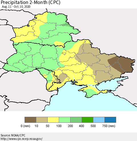 Ukraine, Moldova and Belarus Precipitation 2-Month (CPC) Thematic Map For 8/11/2020 - 10/10/2020