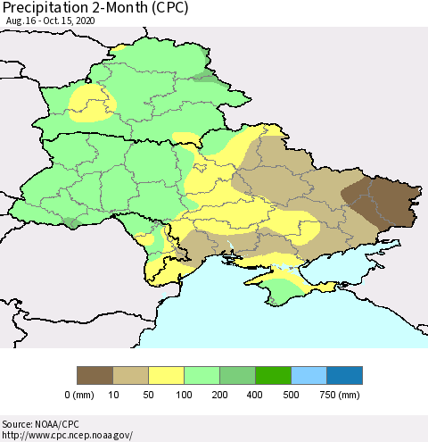 Ukraine, Moldova and Belarus Precipitation 2-Month (CPC) Thematic Map For 8/16/2020 - 10/15/2020