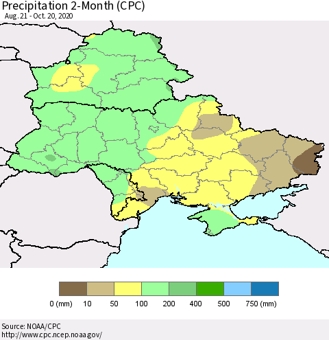 Ukraine, Moldova and Belarus Precipitation 2-Month (CPC) Thematic Map For 8/21/2020 - 10/20/2020