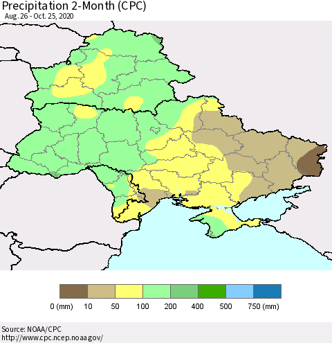 Ukraine, Moldova and Belarus Precipitation 2-Month (CPC) Thematic Map For 8/26/2020 - 10/25/2020