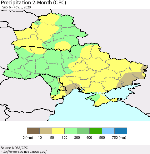 Ukraine, Moldova and Belarus Precipitation 2-Month (CPC) Thematic Map For 9/6/2020 - 11/5/2020