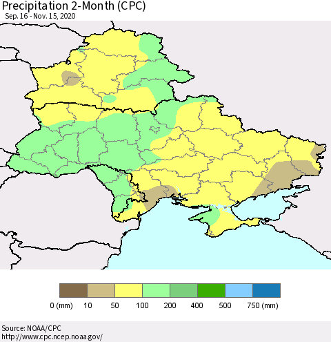 Ukraine, Moldova and Belarus Precipitation 2-Month (CPC) Thematic Map For 9/16/2020 - 11/15/2020