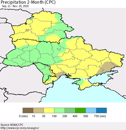 Ukraine, Moldova and Belarus Precipitation 2-Month (CPC) Thematic Map For 9/21/2020 - 11/20/2020