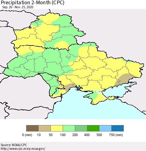 Ukraine, Moldova and Belarus Precipitation 2-Month (CPC) Thematic Map For 9/26/2020 - 11/25/2020