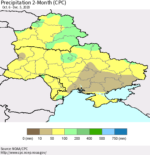 Ukraine, Moldova and Belarus Precipitation 2-Month (CPC) Thematic Map For 10/6/2020 - 12/5/2020