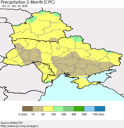 Ukraine, Moldova and Belarus Precipitation 2-Month (CPC) Thematic Map For 10/11/2020 - 12/10/2020