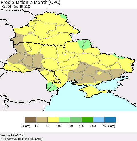 Ukraine, Moldova and Belarus Precipitation 2-Month (CPC) Thematic Map For 10/16/2020 - 12/15/2020