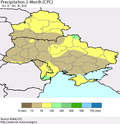 Ukraine, Moldova and Belarus Precipitation 2-Month (CPC) Thematic Map For 10/21/2020 - 12/20/2020