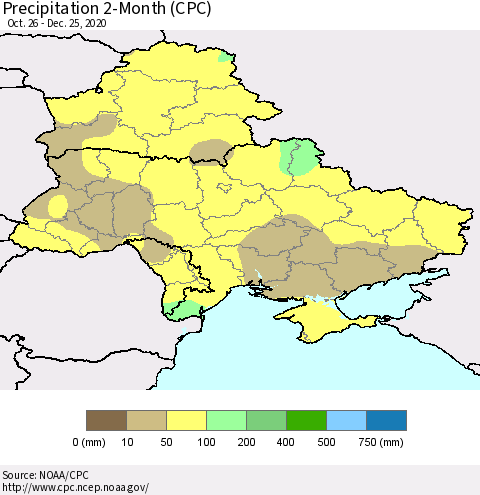 Ukraine, Moldova and Belarus Precipitation 2-Month (CPC) Thematic Map For 10/26/2020 - 12/25/2020