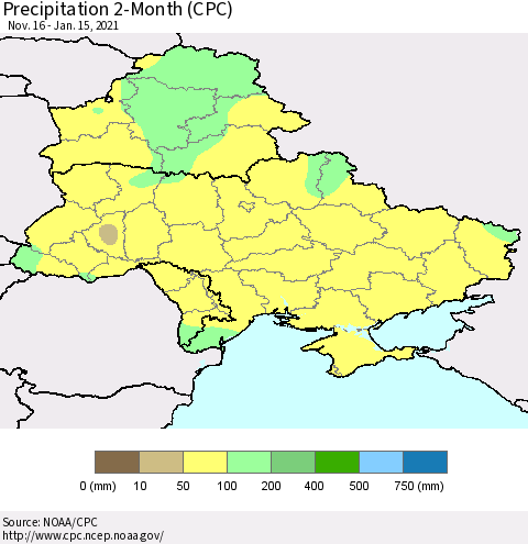 Ukraine, Moldova and Belarus Precipitation 2-Month (CPC) Thematic Map For 11/16/2020 - 1/15/2021