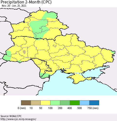 Ukraine, Moldova and Belarus Precipitation 2-Month (CPC) Thematic Map For 11/26/2020 - 1/25/2021