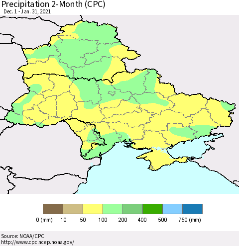Ukraine, Moldova and Belarus Precipitation 2-Month (CPC) Thematic Map For 12/1/2020 - 1/31/2021