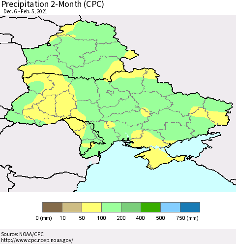 Ukraine, Moldova and Belarus Precipitation 2-Month (CPC) Thematic Map For 12/6/2020 - 2/5/2021