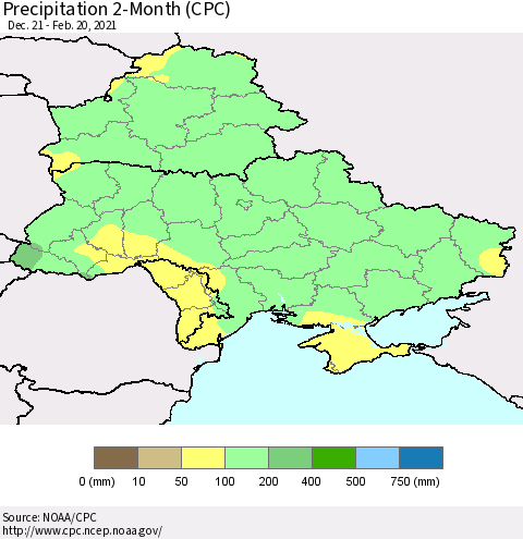 Ukraine, Moldova and Belarus Precipitation 2-Month (CPC) Thematic Map For 12/21/2020 - 2/20/2021