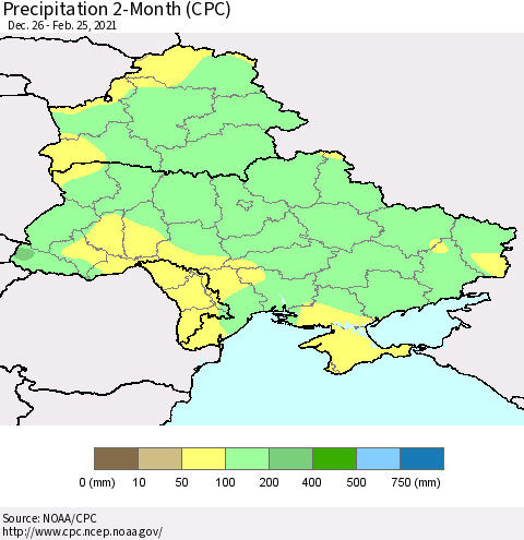 Ukraine, Moldova and Belarus Precipitation 2-Month (CPC) Thematic Map For 12/26/2020 - 2/25/2021