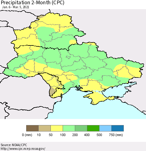 Ukraine, Moldova and Belarus Precipitation 2-Month (CPC) Thematic Map For 1/6/2021 - 3/5/2021