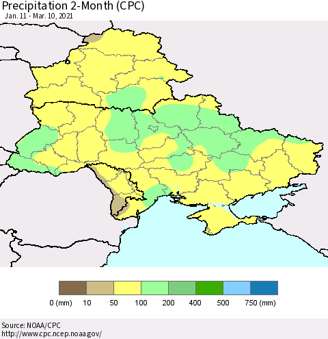 Ukraine, Moldova and Belarus Precipitation 2-Month (CPC) Thematic Map For 1/11/2021 - 3/10/2021