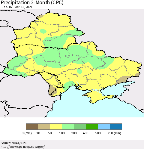 Ukraine, Moldova and Belarus Precipitation 2-Month (CPC) Thematic Map For 1/16/2021 - 3/15/2021