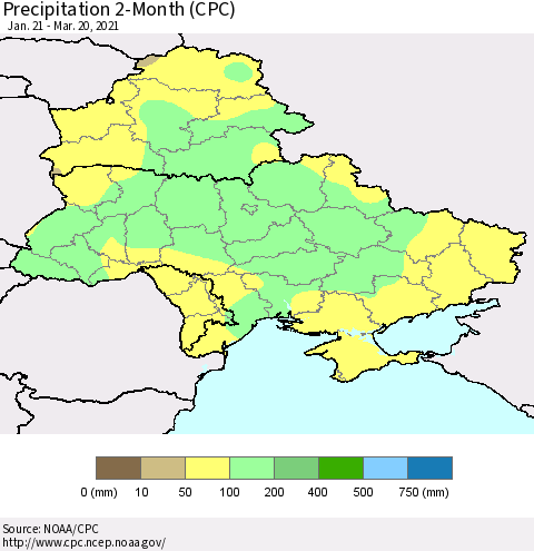 Ukraine, Moldova and Belarus Precipitation 2-Month (CPC) Thematic Map For 1/21/2021 - 3/20/2021