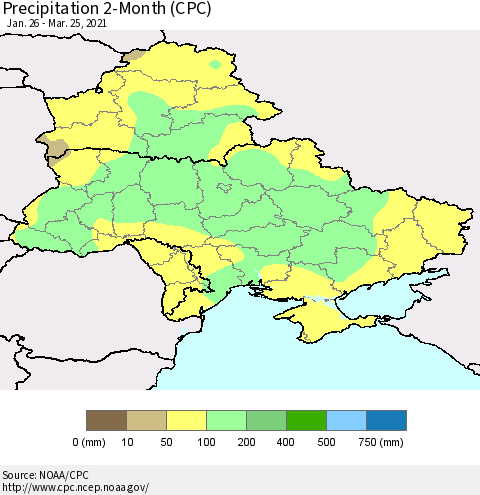 Ukraine, Moldova and Belarus Precipitation 2-Month (CPC) Thematic Map For 1/26/2021 - 3/25/2021