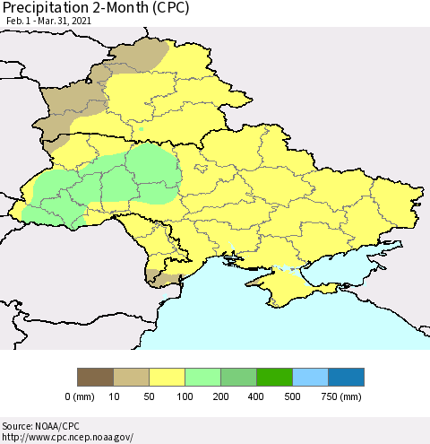 Ukraine, Moldova and Belarus Precipitation 2-Month (CPC) Thematic Map For 2/1/2021 - 3/31/2021