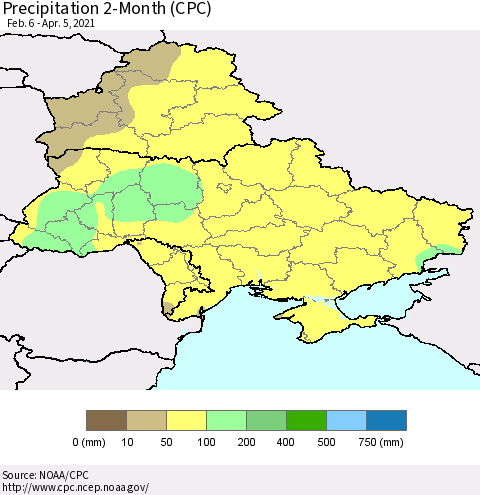 Ukraine, Moldova and Belarus Precipitation 2-Month (CPC) Thematic Map For 2/6/2021 - 4/5/2021
